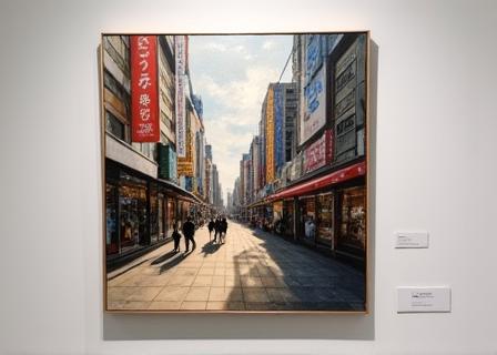 「銀座の光と影」と題された油絵の具で描かれた作品